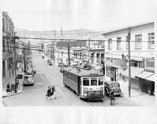 1940s Market Street railroad 9 line streetcar at 29th and Mission Street AAC-8503