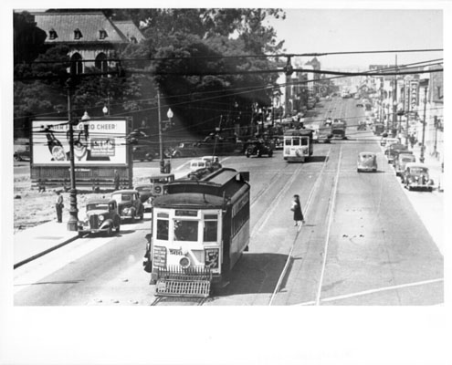 1940s - N at Valencia and Duncan - Market Street railroad 9 line streetcar number 566 AAC-8508