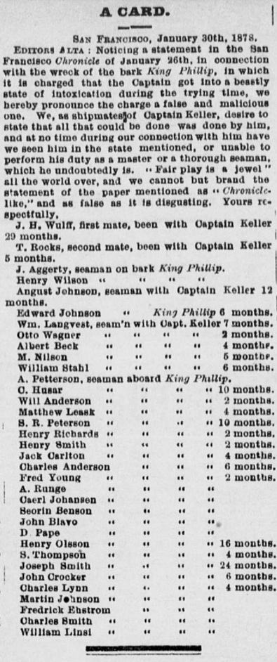 1878 King Phillip Daily Alta Good Captain Keller