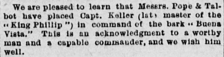 1878 King Phillip Daily Alta new job Captain Keller