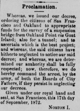1872 Sept 21 Norton I bridge survey proclamation