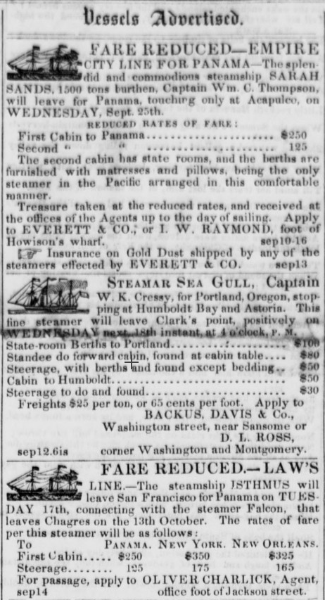 1850 cost of passage panama nyc